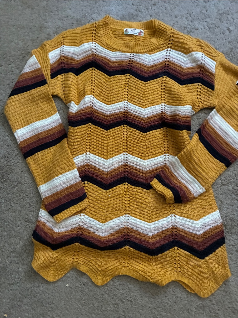 Chevron Knit Crewneck Sweater in Mustard with Multicolor Stripes